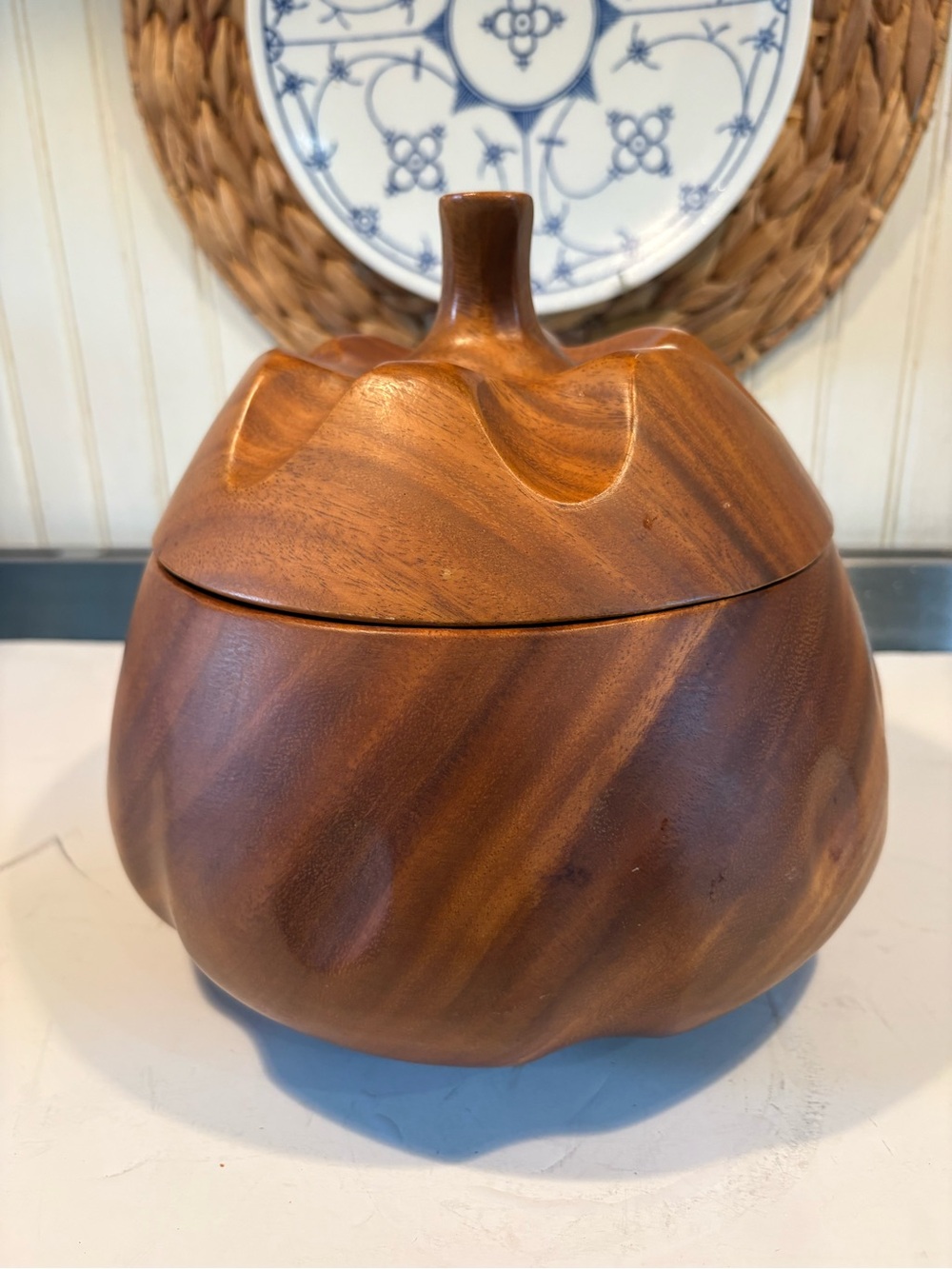 Vintage MCM Monkey Pod Carved Wooden Pumpkin made in Philippines
